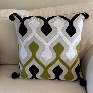 Nikki Chu Ophelia Green Ivory Graphic Poly Throw Pillow 22 inch 100% Linen